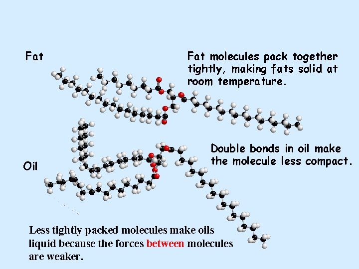 Fat Oil Fat molecules pack together tightly, making fats solid at room temperature. Double