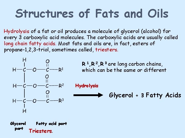 Structures of Fats and Oils Hydrolysis of a fat or oil produces a molecule