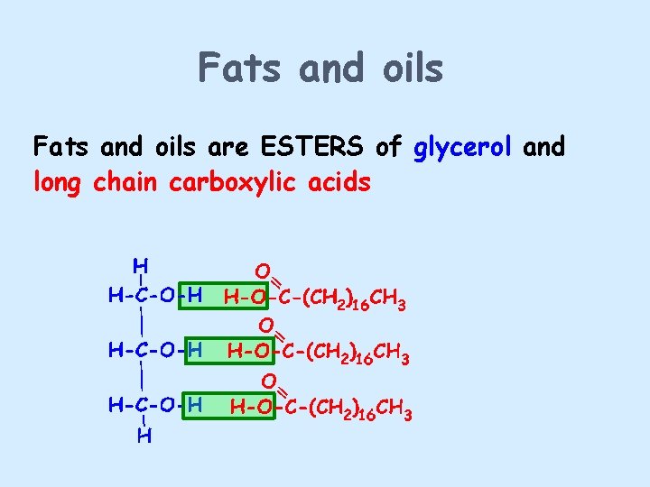 Fats and oils are ESTERS of glycerol and long chain carboxylic acids 