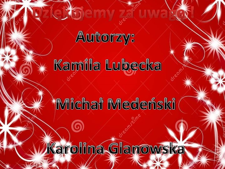 Dziękujemy za uwagę ! Autorzy: Kamila Lubecka Michał Medeński Karolina Glanowska 