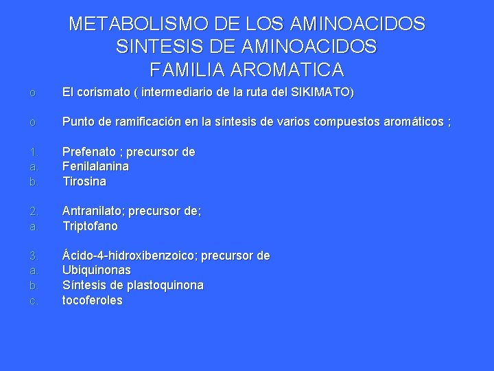 METABOLISMO DE LOS AMINOACIDOS SINTESIS DE AMINOACIDOS FAMILIA AROMATICA o El corismato ( intermediario