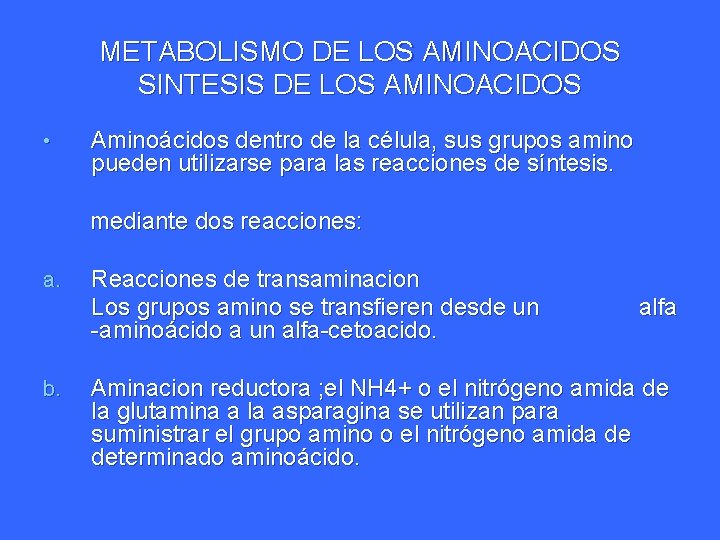 METABOLISMO DE LOS AMINOACIDOS SINTESIS DE LOS AMINOACIDOS • Aminoácidos dentro de la célula,