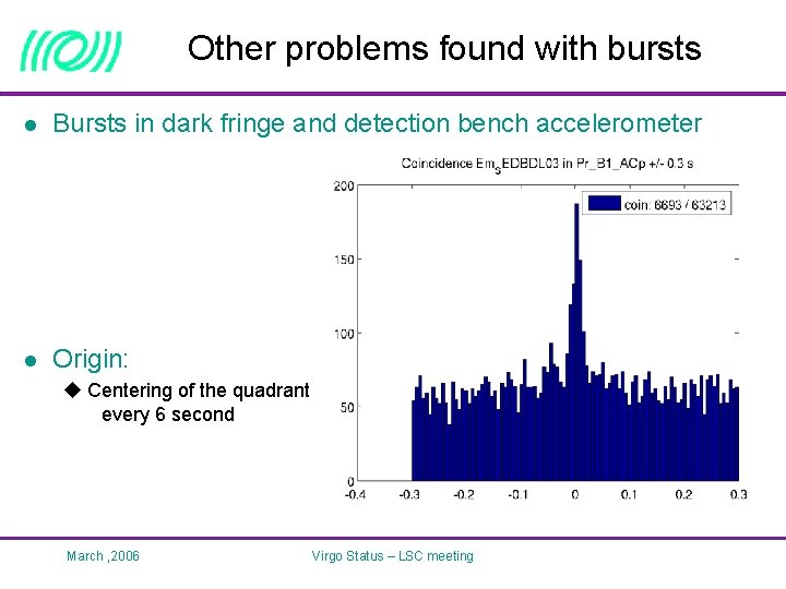 Other problems found with bursts l Bursts in dark fringe and detection bench accelerometer