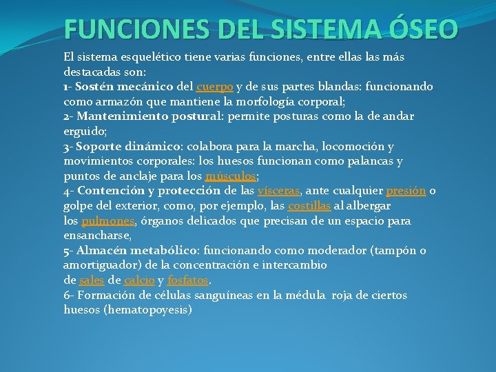 FUNCIONES DEL SISTEMA ÓSEO El sistema esquelético tiene varias funciones, entre ellas más destacadas