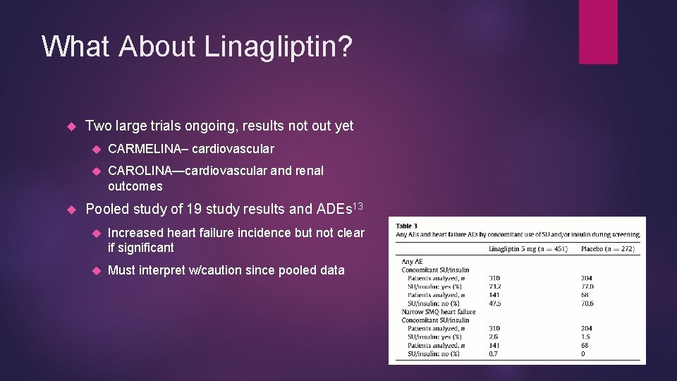 What About Linagliptin? Two large trials ongoing, results not out yet CARMELINA– cardiovascular CAROLINA—cardiovascular