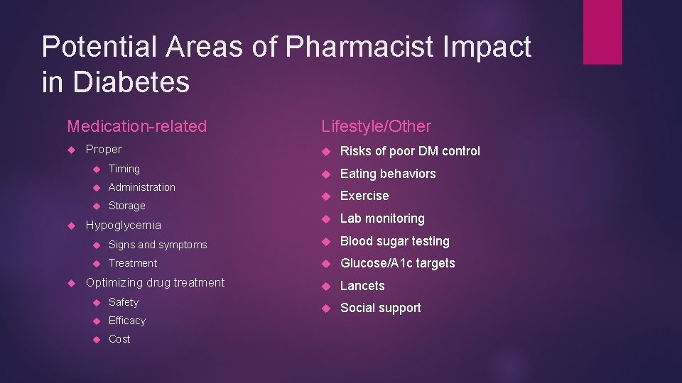 Potential Areas of Pharmacist Impact in Diabetes Medication-related Proper Timing Administration Storage Hypoglycemia Lifestyle/Other