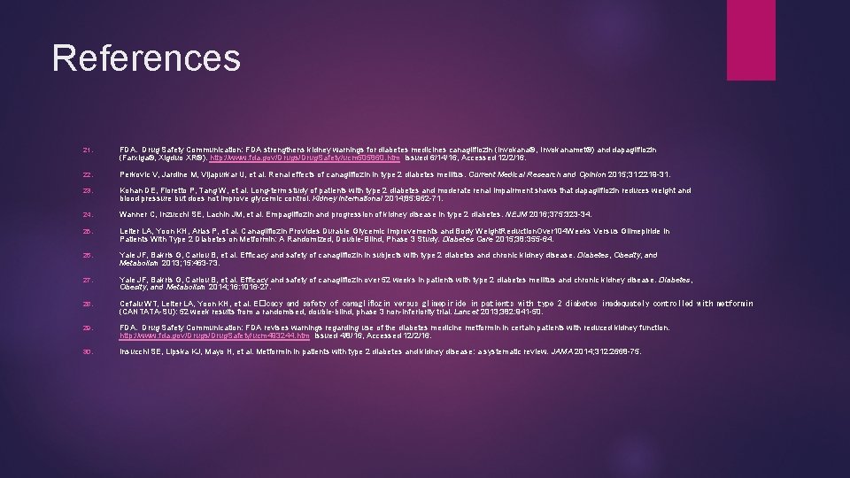 References 21. FDA. Drug Safety Communication: FDA strengthens kidney warnings for diabetes medicines canagliflozin