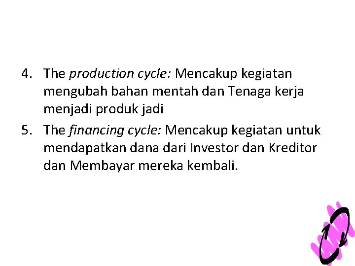 4. The production cycle: Mencakup kegiatan mengubah bahan mentah dan Tenaga kerja menjadi produk