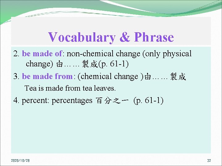 Vocabulary & Phrase 2. be made of: non chemical change (only physical change) 由……製成(p.