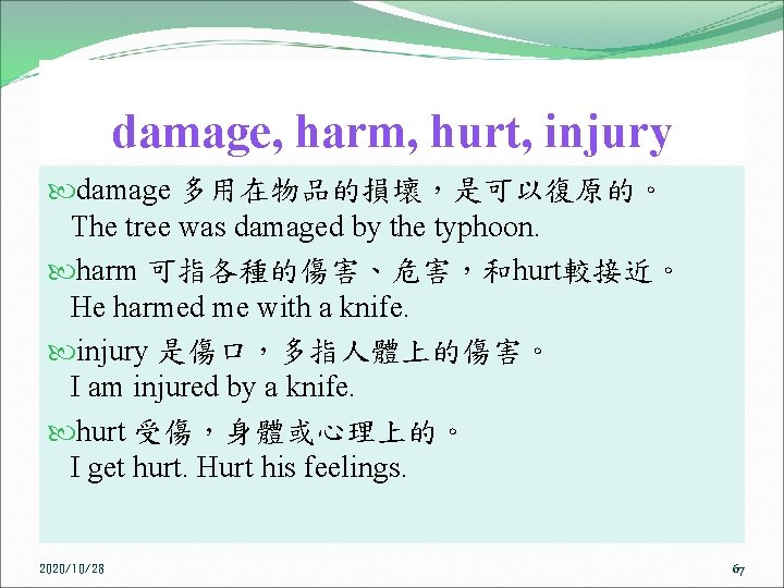 damage, harm, hurt, injury damage 多用在物品的損壞，是可以復原的。 The tree was damaged by the typhoon. harm