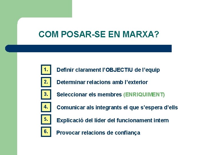 COM POSAR-SE EN MARXA? 1. Definir clarament l’OBJECTIU de l’equip 2. Determinar relacions amb