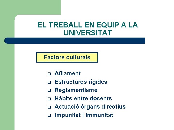 EL TREBALL EN EQUIP A LA UNIVERSITAT Factors culturals q q q Aïllament Estructures