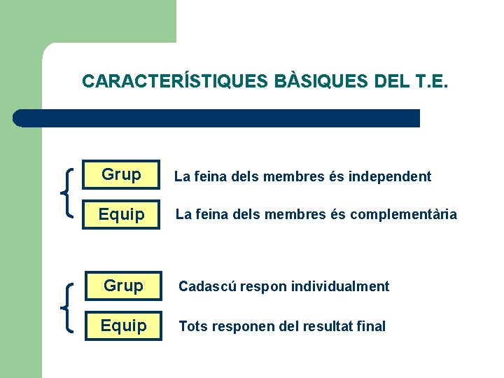 CARACTERÍSTIQUES BÀSIQUES DEL T. E. Grup La feina dels membres és independent Equip La