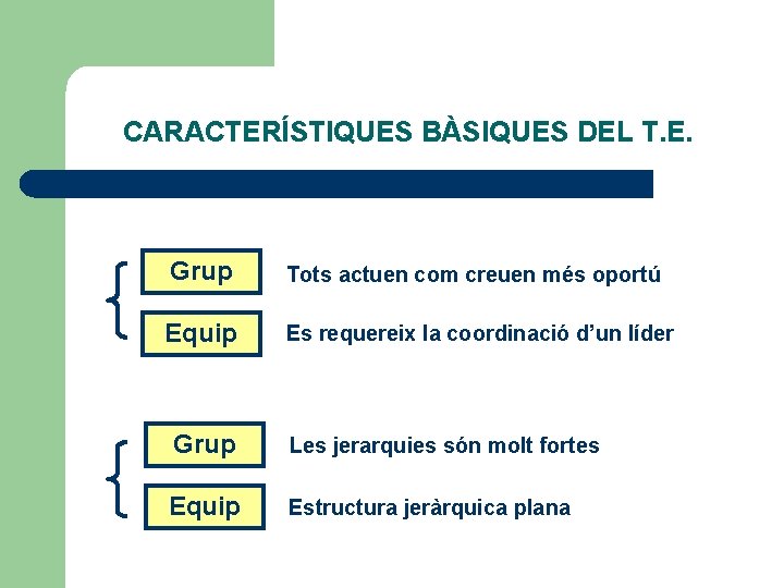 CARACTERÍSTIQUES BÀSIQUES DEL T. E. Grup Tots actuen com creuen més oportú Equip Es