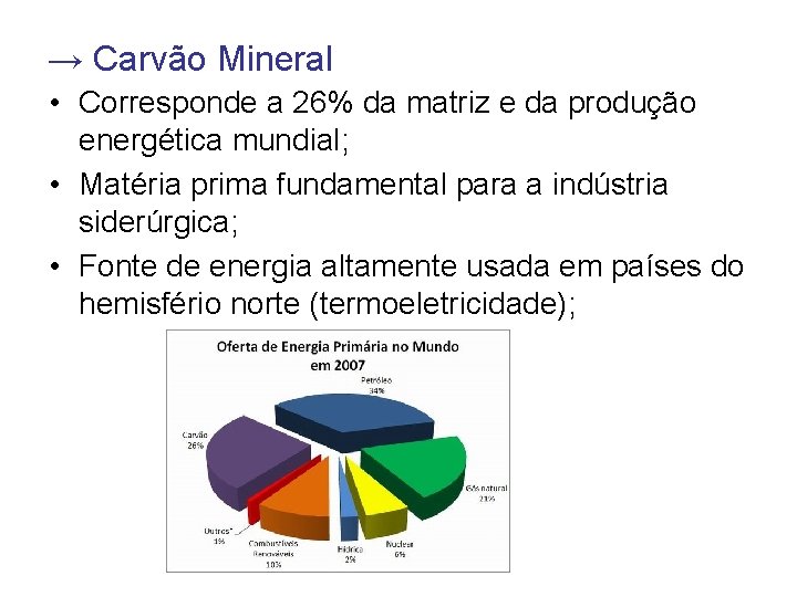 → Carvão Mineral • Corresponde a 26% da matriz e da produção energética mundial;