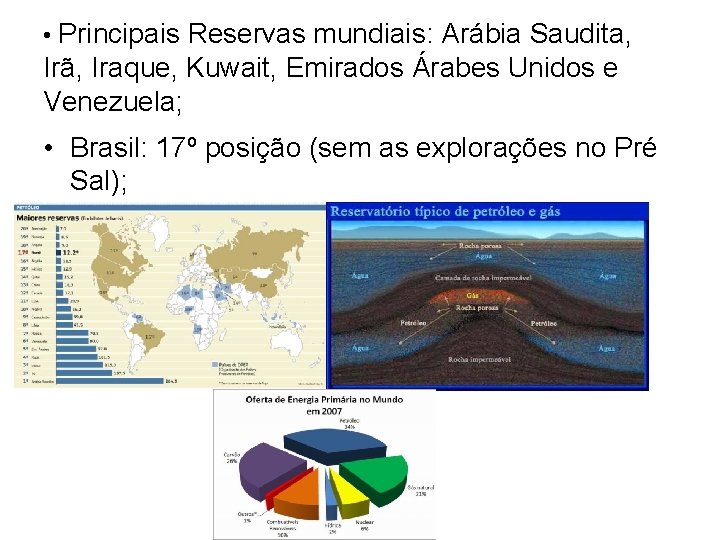  • Principais Reservas mundiais: Arábia Saudita, Irã, Iraque, Kuwait, Emirados Árabes Unidos e