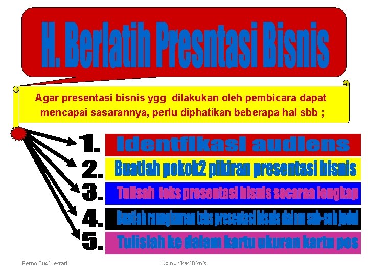 Agar presentasi bisnis ygg dilakukan oleh pembicara dapat mencapai sasarannya, perlu diphatikan beberapa hal