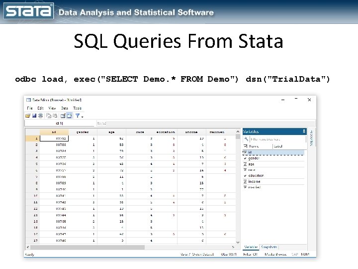 SQL Queries From Stata odbc load, exec("SELECT Demo. * FROM Demo") dsn("Trial. Data") 