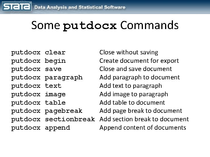 Some putdocx Commands putdocx putdocx putdocx clear begin save paragraph text image table pagebreak