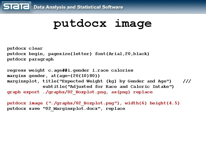 putdocx image putdocx clear putdocx begin, pagesize(letter) font(Arial, 20, black) putdocx paragraph regress weight