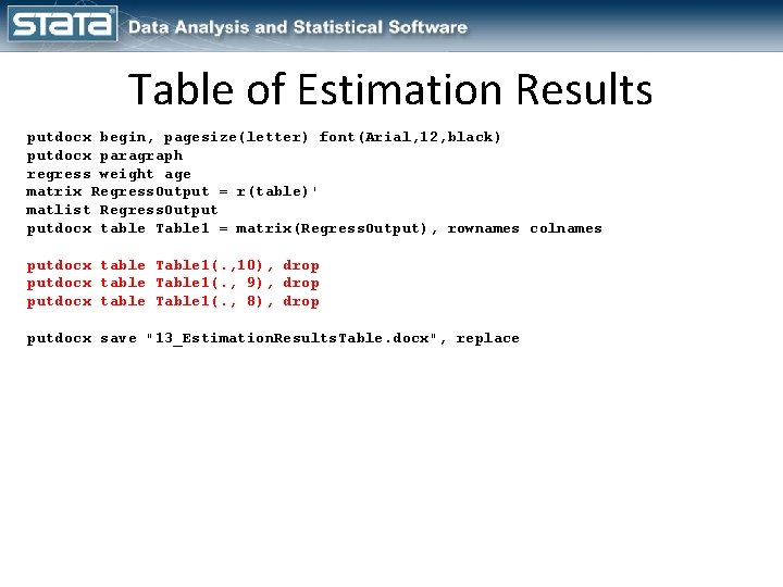 Table of Estimation Results putdocx begin, pagesize(letter) font(Arial, 12, black) putdocx paragraph regress weight