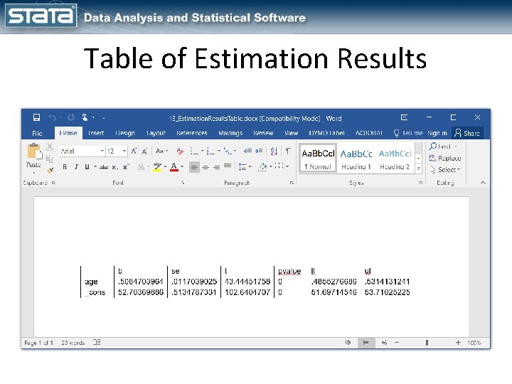 Table of Estimation Results 