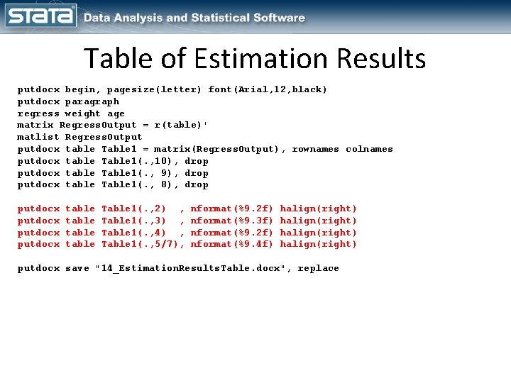 Table of Estimation Results putdocx begin, pagesize(letter) font(Arial, 12, black) putdocx paragraph regress weight