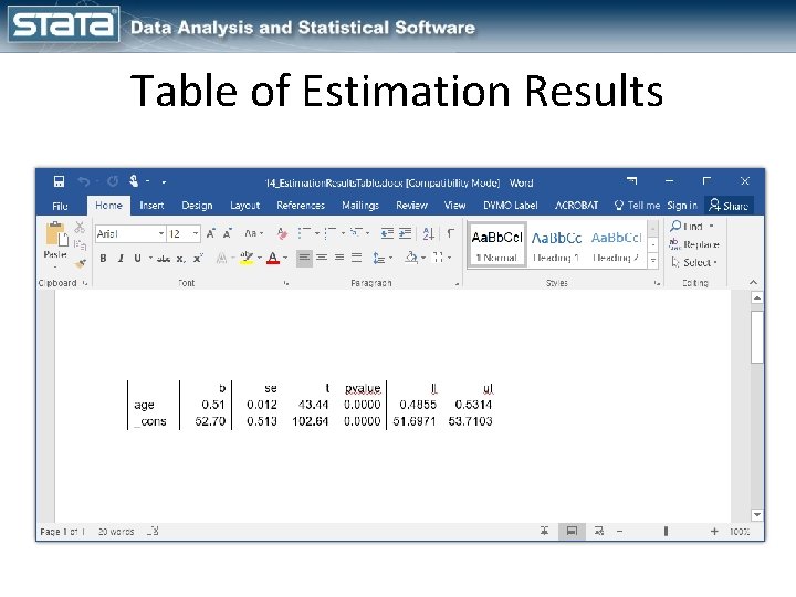 Table of Estimation Results 