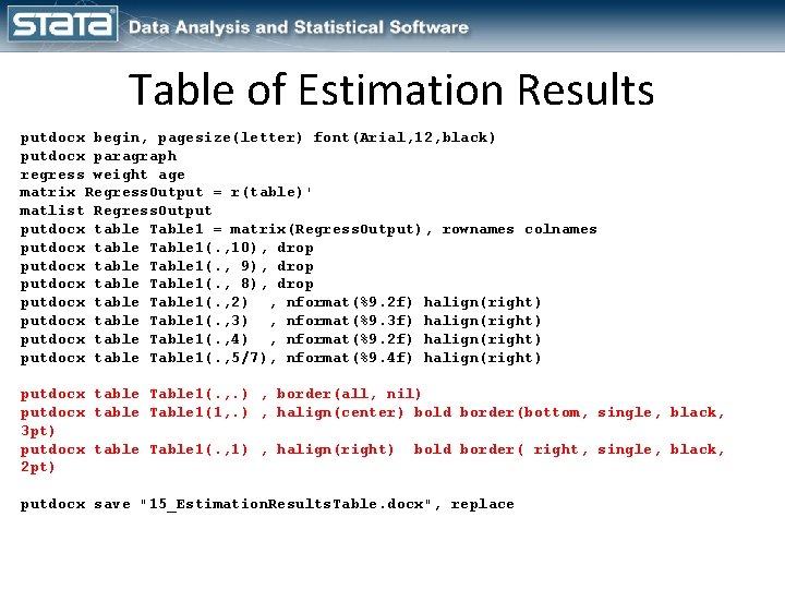 Table of Estimation Results putdocx begin, pagesize(letter) font(Arial, 12, black) putdocx paragraph regress weight