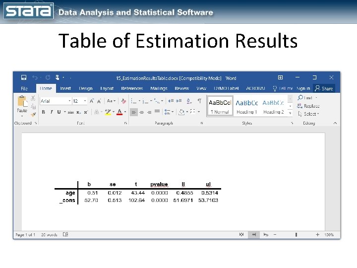 Table of Estimation Results 
