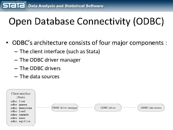 Open Database Connectivity (ODBC) • ODBC’s architecture consists of four major components : –