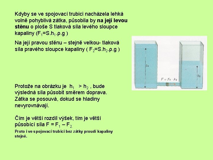 Kdyby se ve spojovací trubici nacházela lehká volně pohyblivá zátka, působila by na její