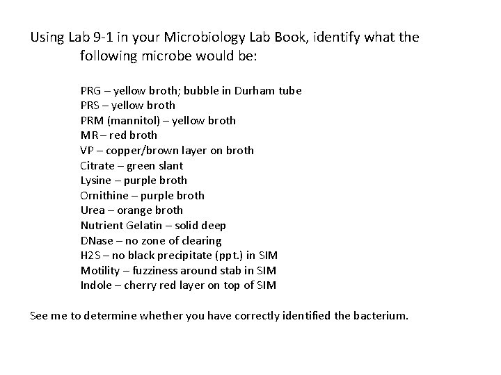 Using Lab 9 -1 in your Microbiology Lab Book, identify what the following microbe