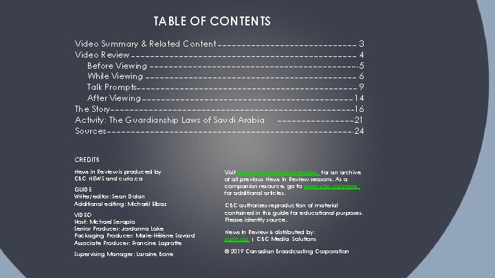 TABLE OF CONTENTS Video Summary & Related Content Video Review Before Viewing While Viewing