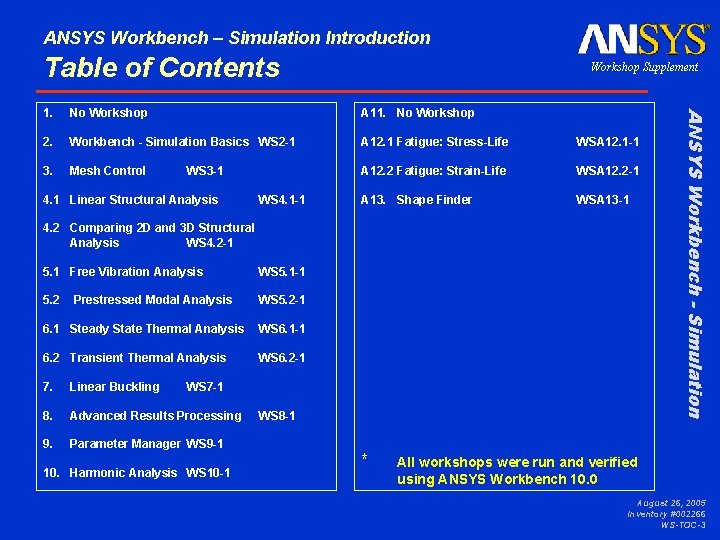 ANSYS Workbench – Simulation Introduction Table of Contents Workshop Supplement No Workshop A 11.