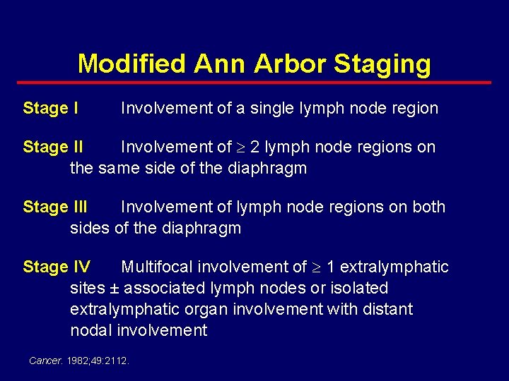 Modified Ann Arbor Staging Stage I Involvement of a single lymph node region Stage