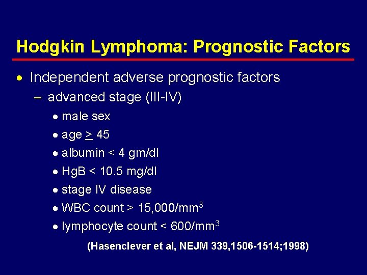 Hodgkin Lymphoma: Prognostic Factors · Independent adverse prognostic factors – advanced stage (III-IV) ·