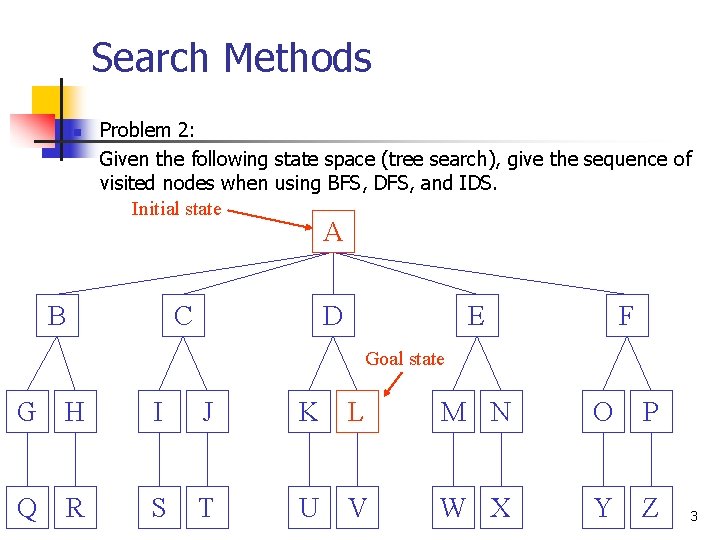 Search Methods n Problem 2: Given the following state space (tree search), give the