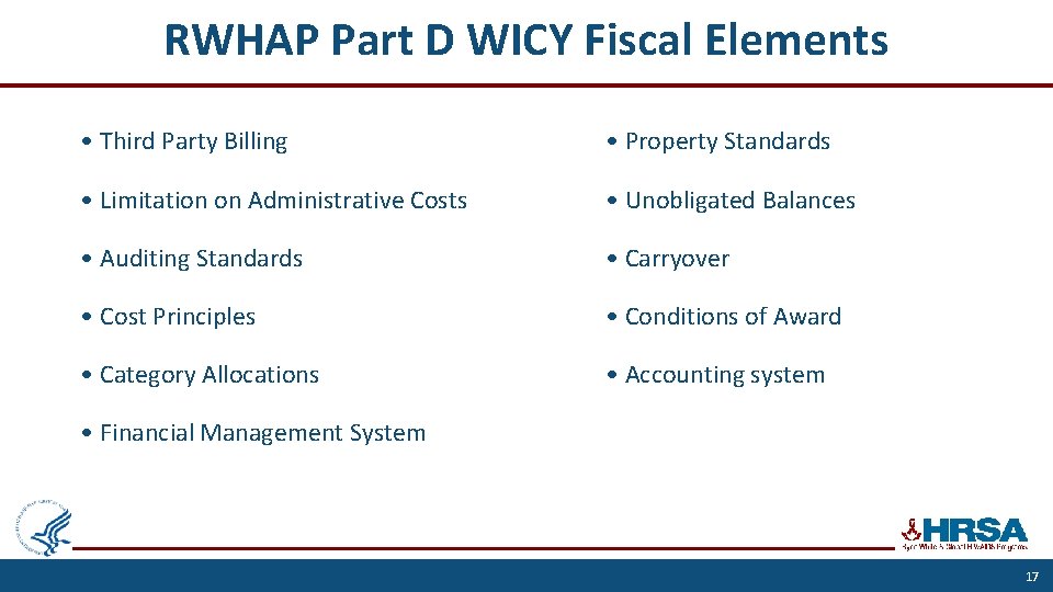 RWHAP Part D WICY Fiscal Elements • Third Party Billing • Property Standards •