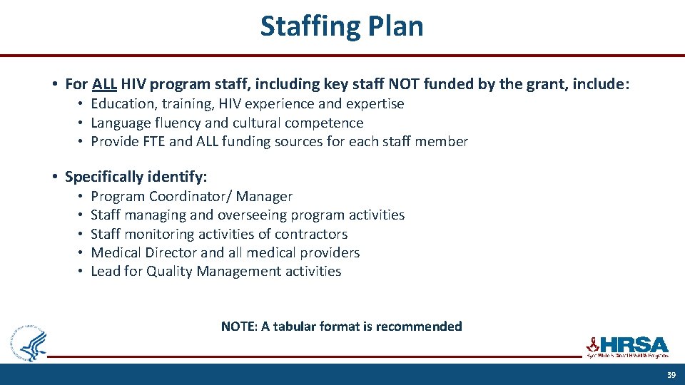 Staffing Plan • For ALL HIV program staff, including key staff NOT funded by