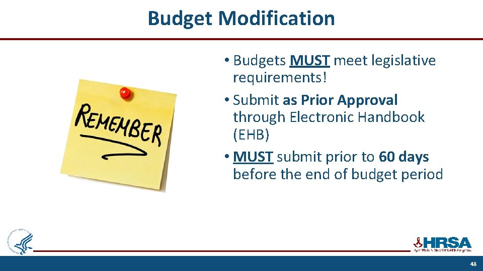 Budget Modification • Budgets MUST meet legislative requirements! • Submit as Prior Approval through