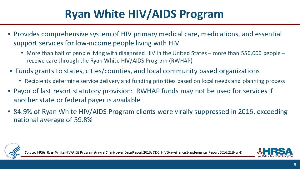 Ryan White HIV/AIDS Program • Provides comprehensive system of HIV primary medical care, medications,