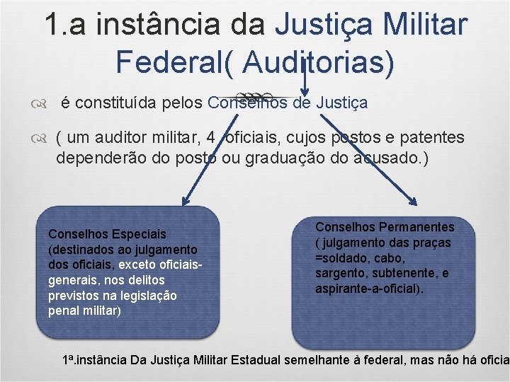1. a instância da Justiça Militar Federal( Auditorias) é constituída pelos Conselhos de Justiça