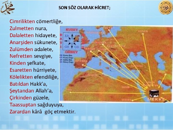 SON SÖZ OLARAK HİCRET; Cimrilikten cömertliğe, Zulmetten nura, Dalaletten hidayete, Anarşiden sükunete, Zulümden adalete,