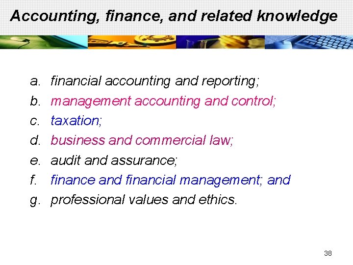 Accounting, finance, and related knowledge a. b. c. d. e. f. g. financial accounting