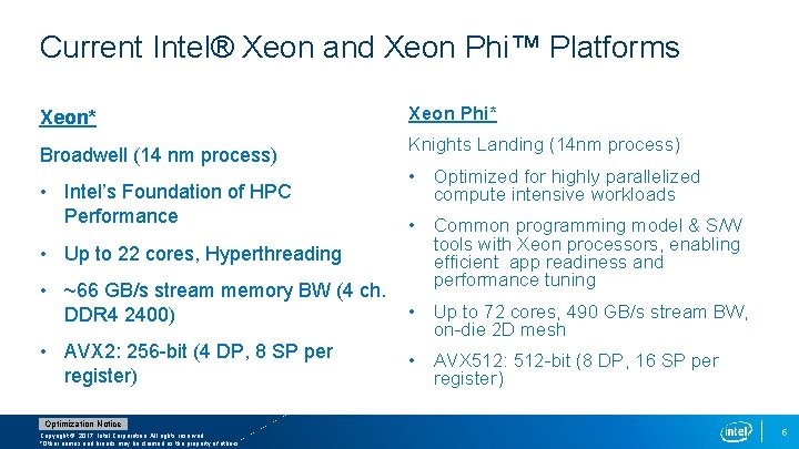 Current Intel® Xeon and Xeon Phi™ Platforms Xeon* Broadwell (14 nm process) • Intel’s