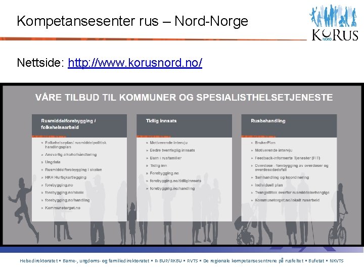 Kompetansesenter rus – Nord-Norge Nettside: http: //www. korusnord. no/ Helsedirektoratet • Barne-, ungdoms- og