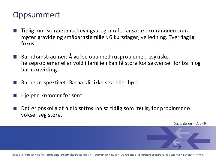 Oppsummert ■ Tidlig inn: Kompetansehevingsprogram for ansatte i kommunen som møter gravide og småbarnsfamilier.