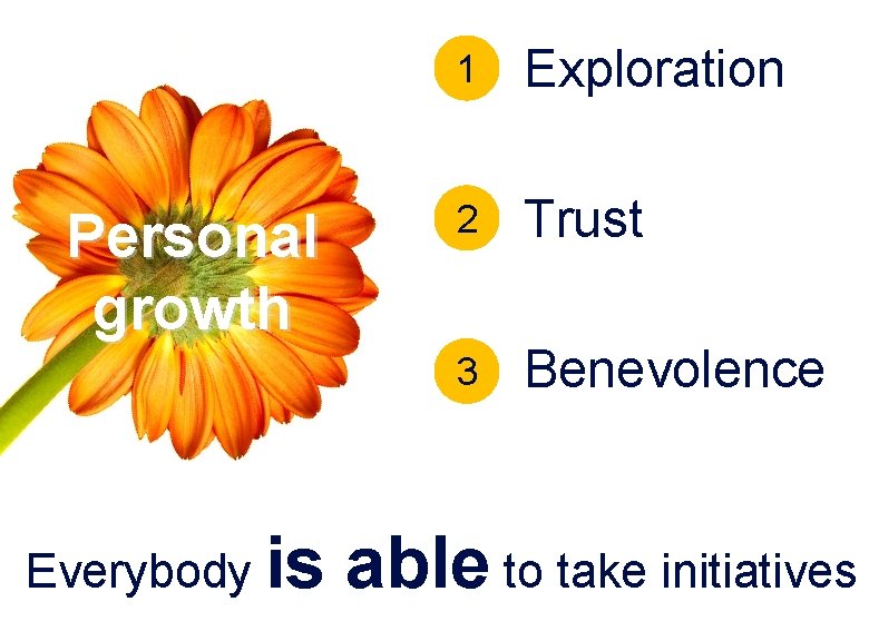 Personal growth Everybody is 1 Exploration 2 Trust 3 Benevolence able to take initiatives