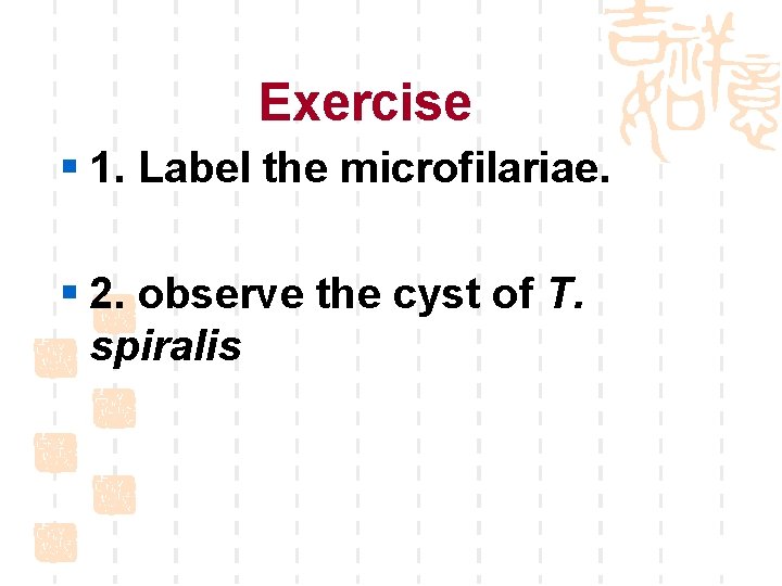 Exercise § 1. Label the microfilariae. § 2. observe the cyst of T. spiralis